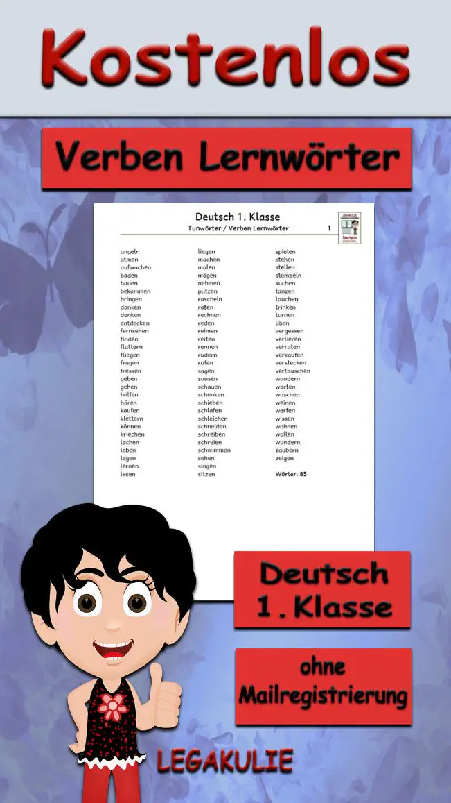 Arbeitsblatt Verben Lernwörterliste Klasse 1 - Kostenloses Unterrichtsmaterial von Legakulie.info.