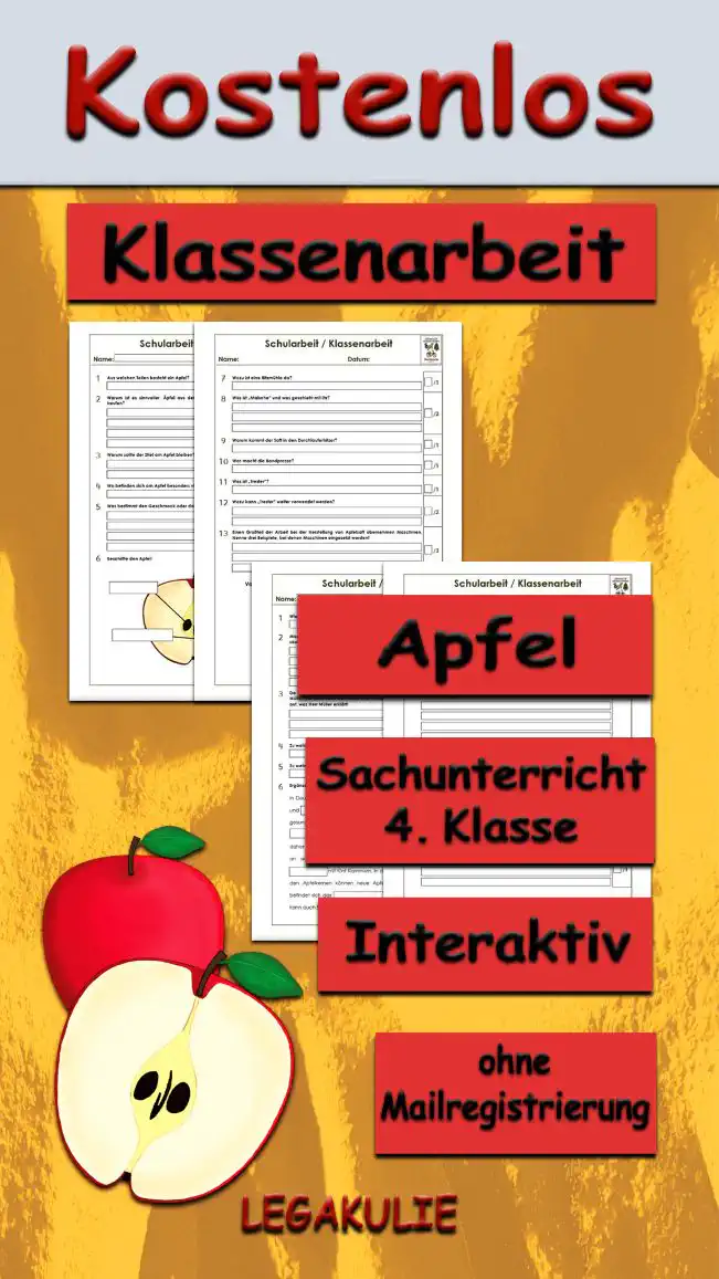 Arbeitsblatt Klassenarbeit Apfel - Kostenloses Unterrichtsmaterial von Legakulie.info.