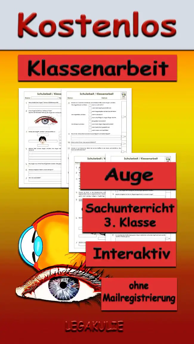 Arbeitsblatt Klassenarbeit Auge - Kostenloses Unterrichtsmaterial von Legakulie.info.