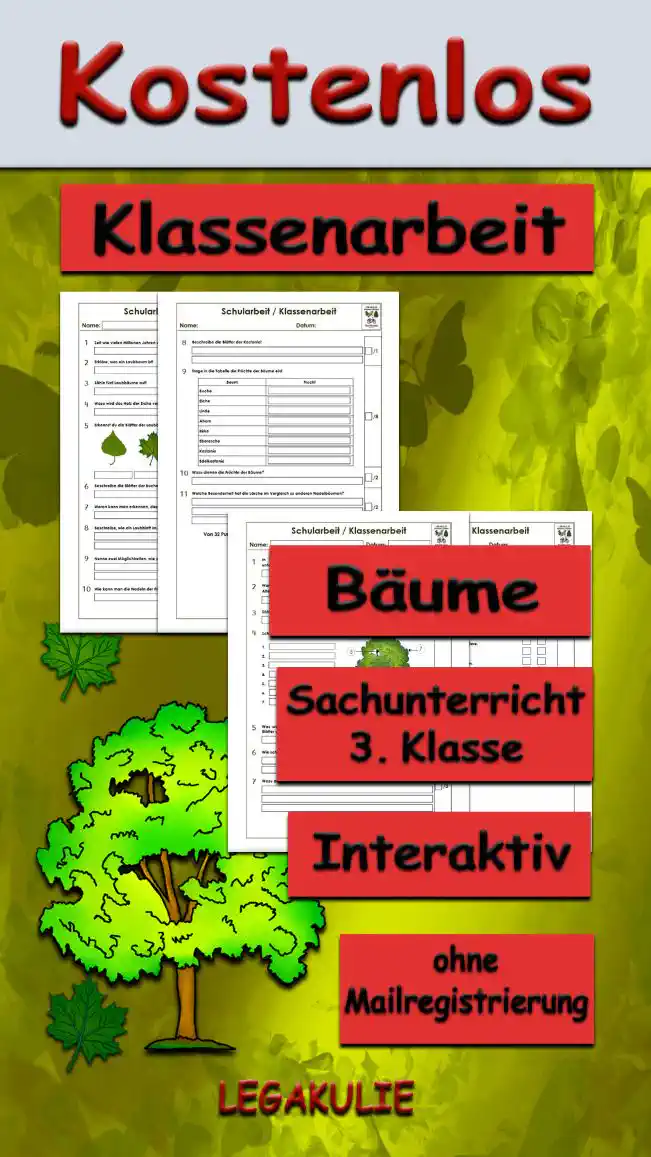 Arbeitsblatt Klassenarbeit Bäume - Kostenloses Unterrichtsmaterial von Legakulie.info.