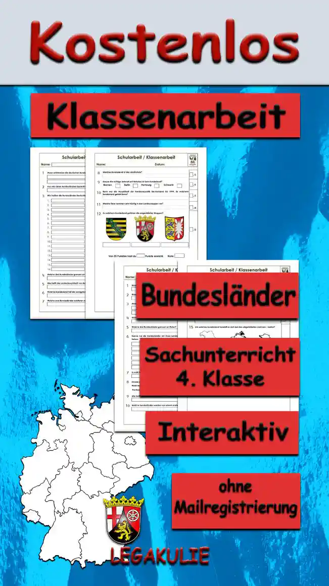 Arbeitsblatt Klassenarbeit Bundesländer - Kostenloses Unterrichtsmaterial von Legakulie.info.