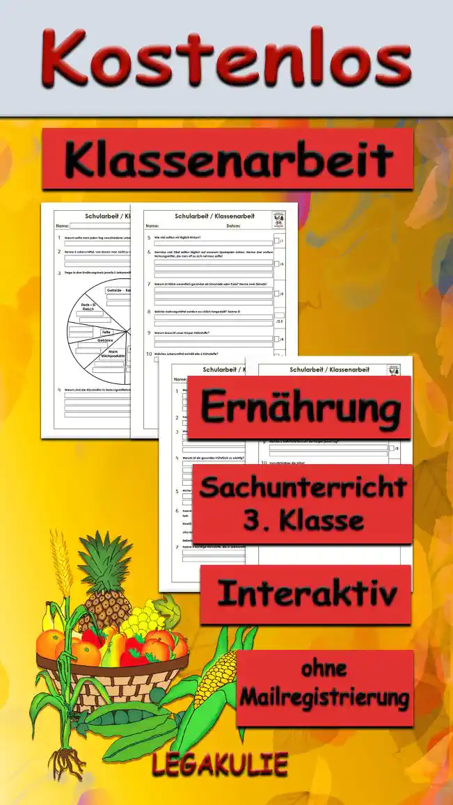 Arbeitsblatt Klassenarbeit Ernährung - Kostenloses Unterrichtsmaterial von Legakulie.info.