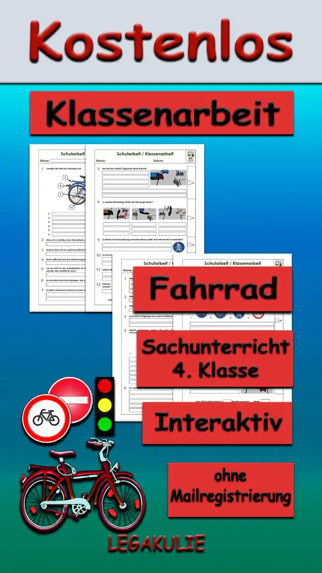 Arbeitsblatt Klassenarbeit Fahrrad - Kostenloses Unterrichtsmaterial von Legakulie.info.