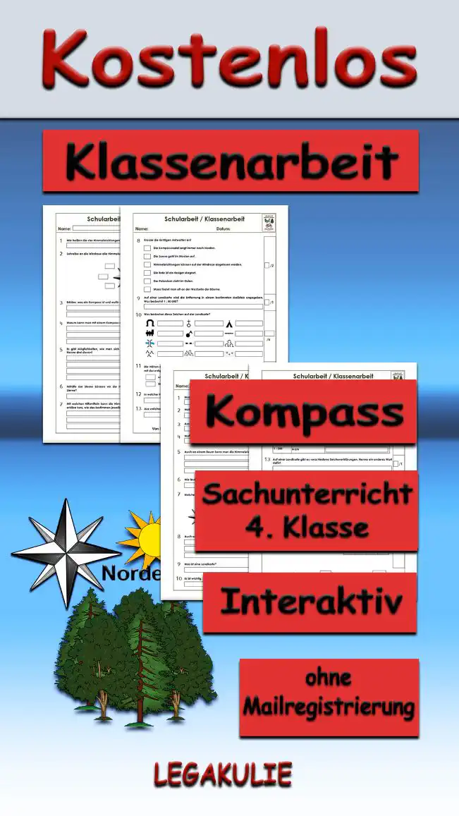 Arbeitsblatt Klassenarbeit Kompass Karte - Kostenloses Unterrichtsmaterial von Legakulie.info.