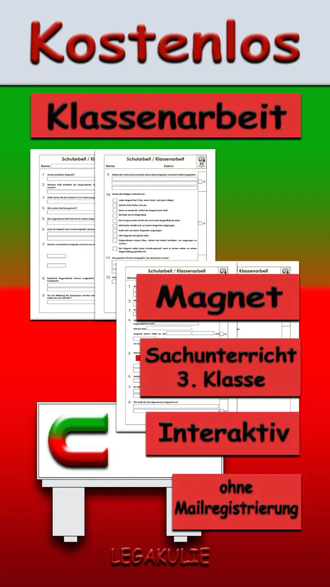 Arbeitsblatt Klassenarbeit Magnet - Kostenloses Unterrichtsmaterial von Legakulie.info.