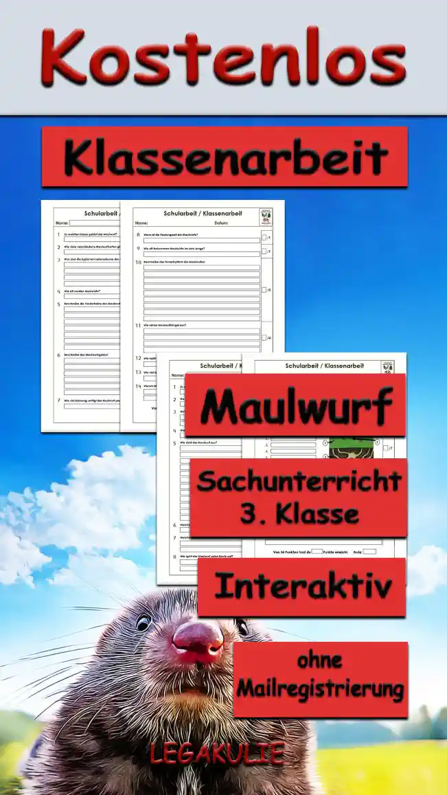 Arbeitsblatt Klassenarbeit Maulwurf - Kostenloses Unterrichtsmaterial von Legakulie.info.