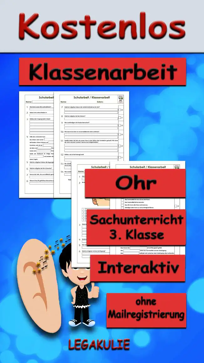Arbeitsblatt Klassenarbeit Ohr - Kostenloses Unterrichtsmaterial von Legakulie.info.