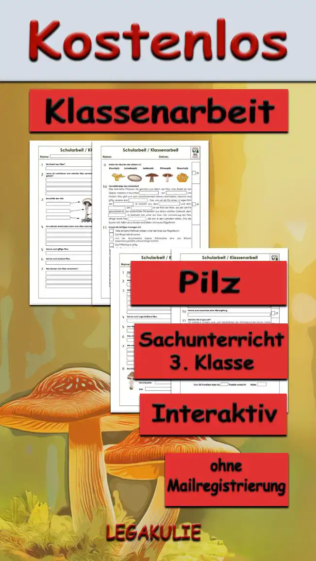 Arbeitsblatt Klassenarbeit Pilz - Kostenloses Unterrichtsmaterial von Legakulie.info.
