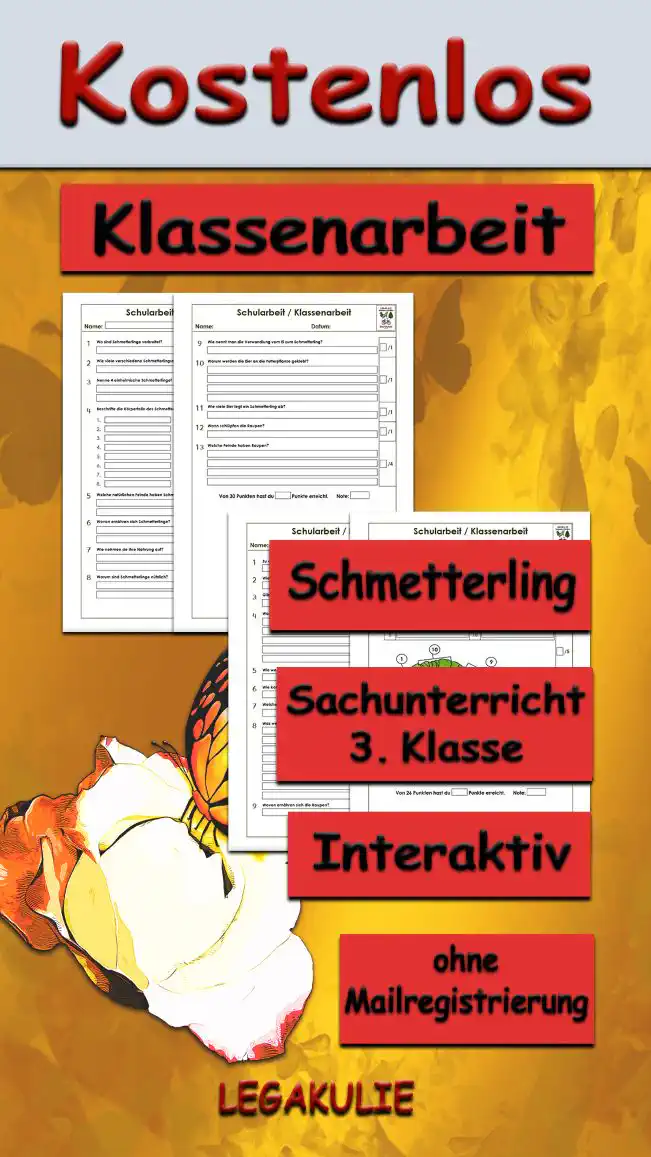 Arbeitsblatt Klassenarbeit Schmetterling - Kostenloses Unterrichtsmaterial von Legakulie.info.