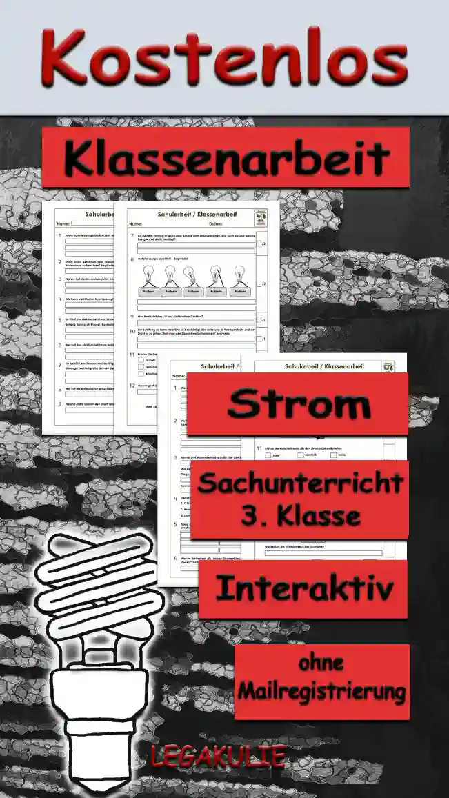 Arbeitsblatt Klassenarbeit Strom - Kostenloses Unterrichtsmaterial von Legakulie.info.