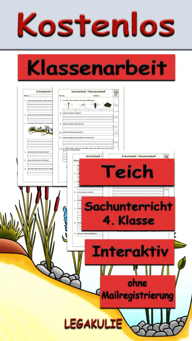 Arbeitsblatt Klassenarbeit Teich - Kostenloses Unterrichtsmaterial von Legakulie.info.