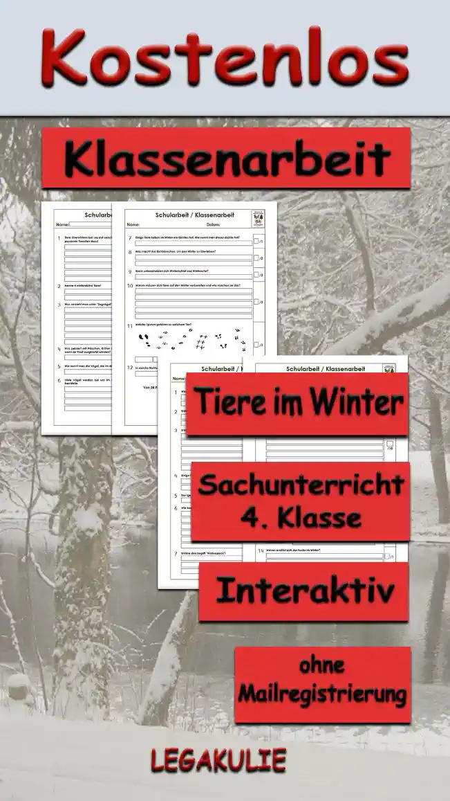 Arbeitsblatt Klassenarbeit Tiere im Winter - Kostenloses Unterrichtsmaterial von Legakulie.info.