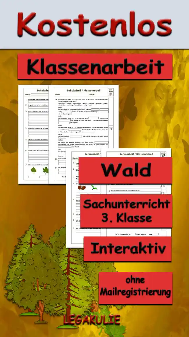 Arbeitsblatt Klassenarbeit Wald - Kostenloses Unterrichtsmaterial von Legakulie.info.