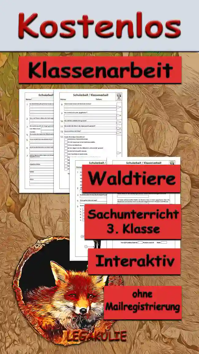 Arbeitsblatt Klassenarbeit Waldtiere - Kostenloses Unterrichtsmaterial von Legakulie.info.
