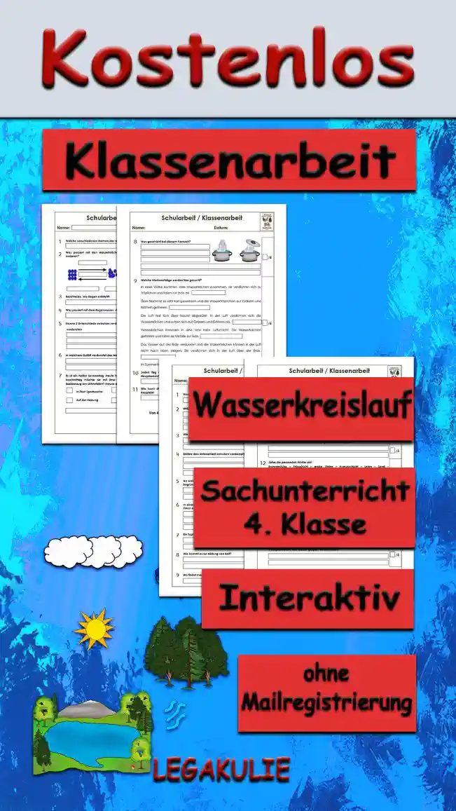 Arbeitsblatt Klassenarbeit Wasserkreislauf - Kostenloses Unterrichtsmaterial von Legakulie.info.