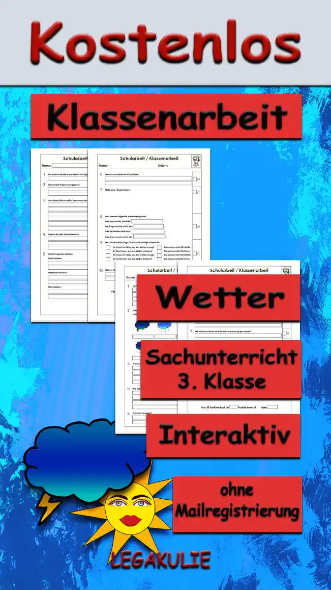 Arbeitsblatt Klassenarbeit Wetter - Kostenloses Unterrichtsmaterial von Legakulie.info.