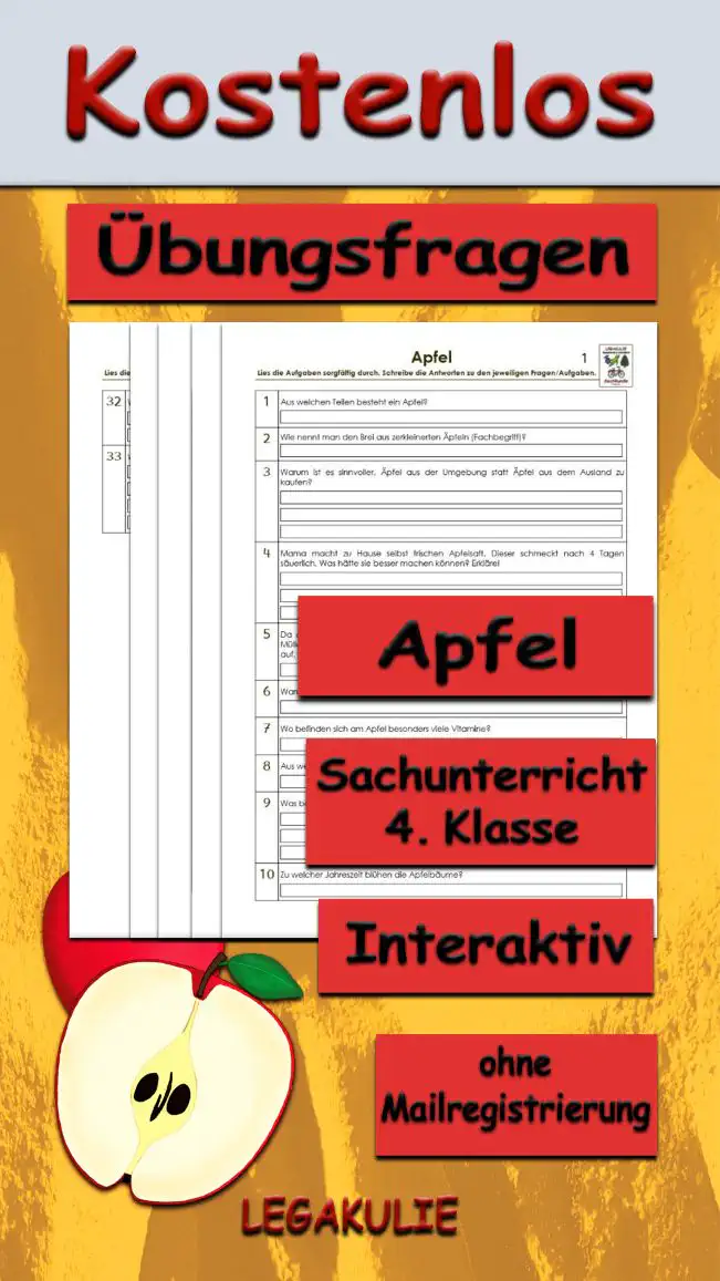 Arbeitsblatt Übungsfragen Apfel - Kostenloses Unterrichtsmaterial von Legakulie.info.