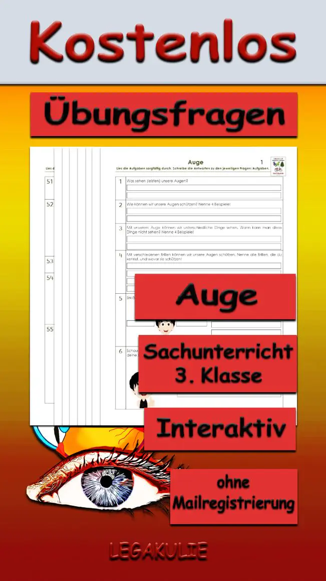 Arbeitsblatt Übungsfragen Auge - Kostenloses Unterrichtsmaterial von Legakulie.info.