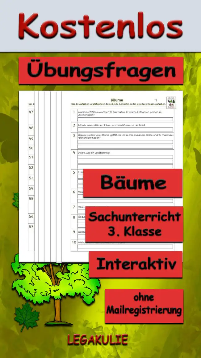 Arbeitsblatt Übungsfragen Bäume - Kostenloses Unterrichtsmaterial von Legakulie.info.