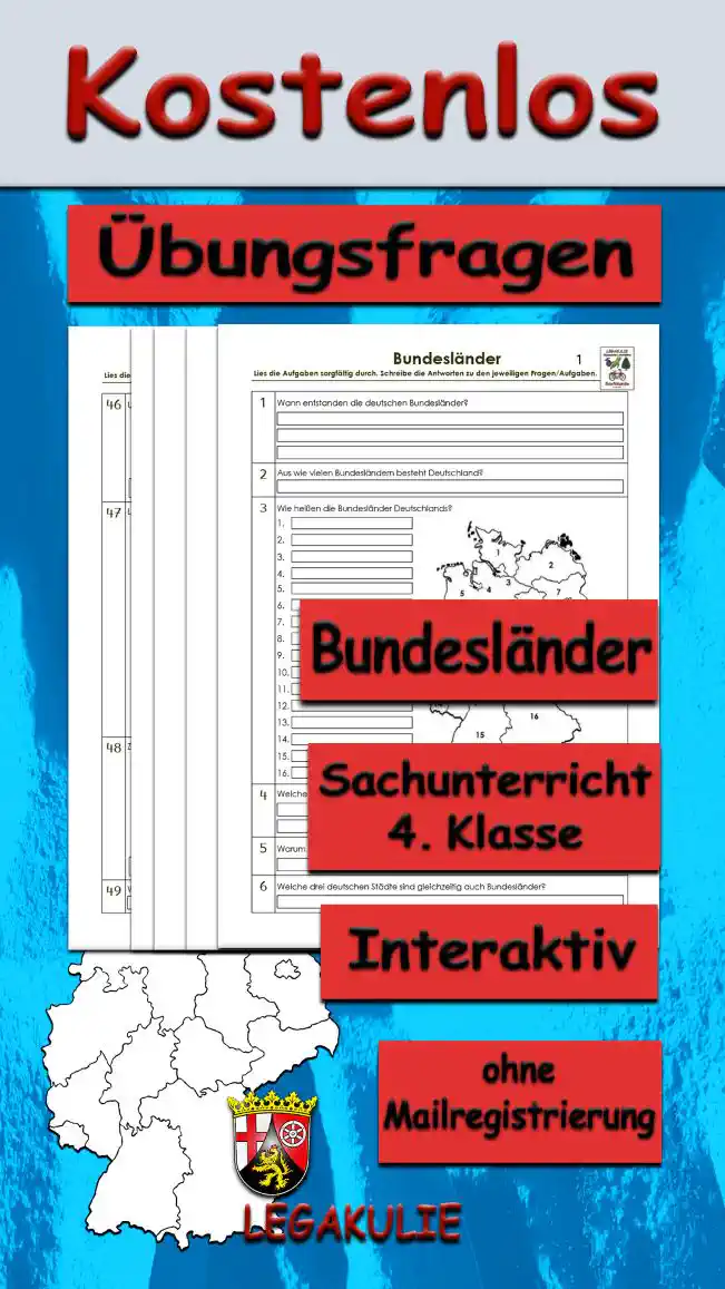 Arbeitsblatt Übungsfragen Bundesländer - Kostenloses Unterrichtsmaterial von Legakulie.info.