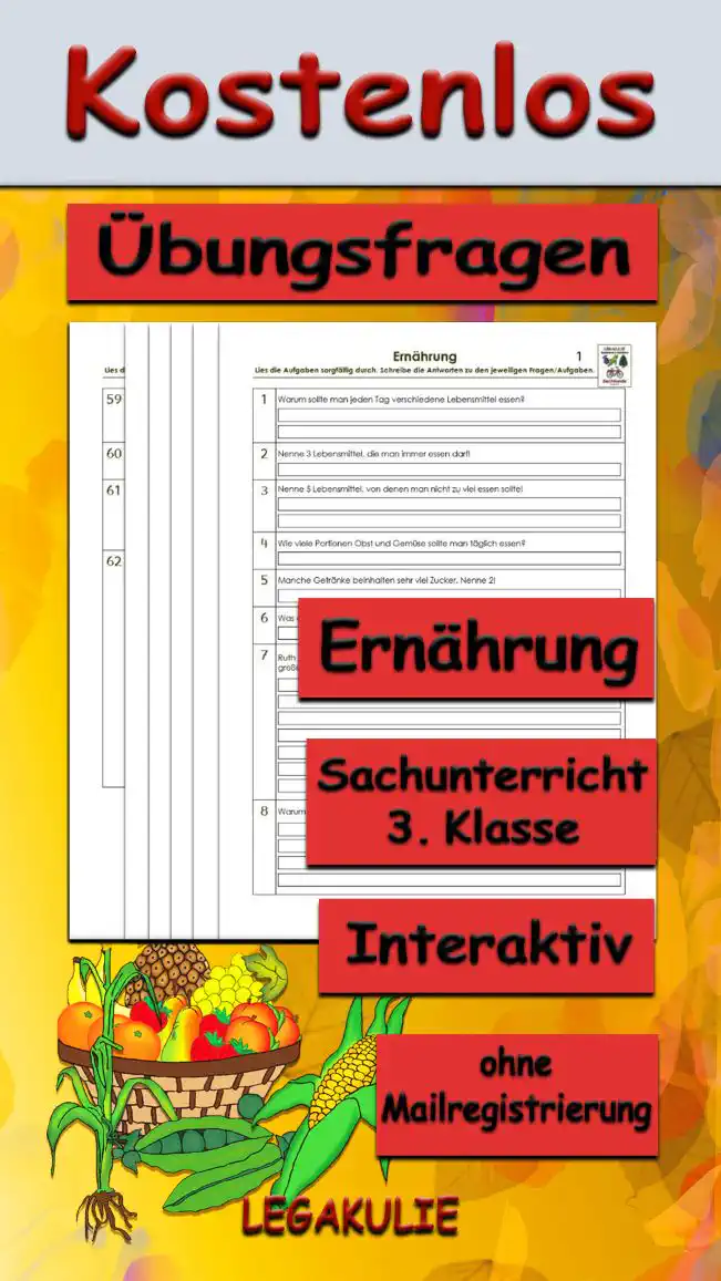 Arbeitsblatt Übungsfragen Ernährung - Kostenloses Unterrichtsmaterial von Legakulie.info.