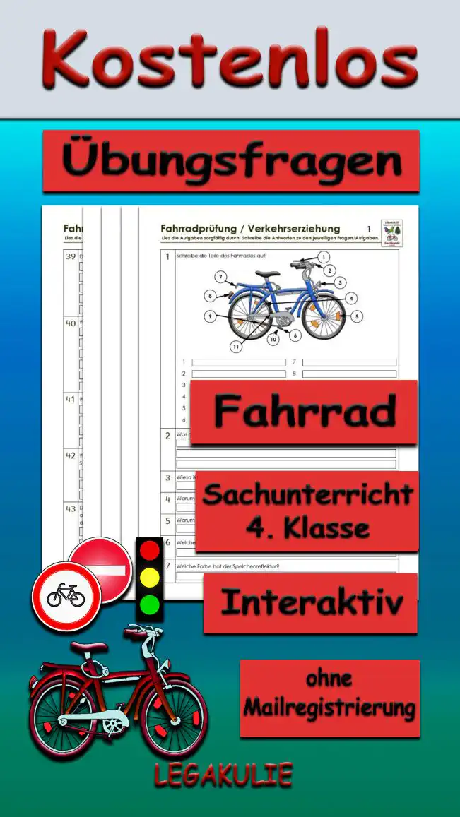 Arbeitsblatt Übungsfragen Fahrrad - Kostenloses Unterrichtsmaterial von Legakulie.info.