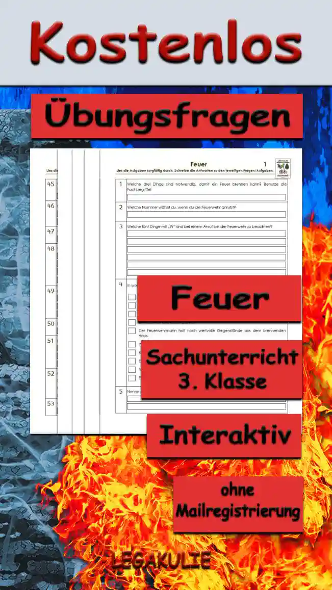 Arbeitsblatt Übungsfragen Feuer - Kostenloses Unterrichtsmaterial von Legakulie.info.