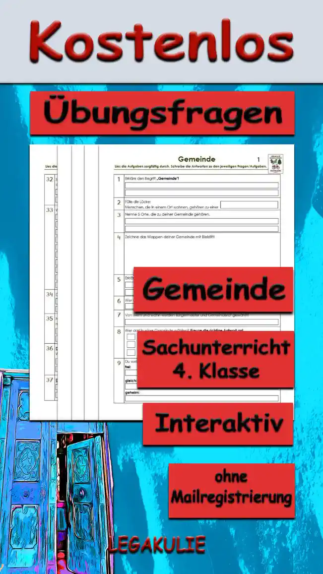 Arbeitsblatt Übungsfragen Gemeinde - Kostenloses Unterrichtsmaterial von Legakulie.info.