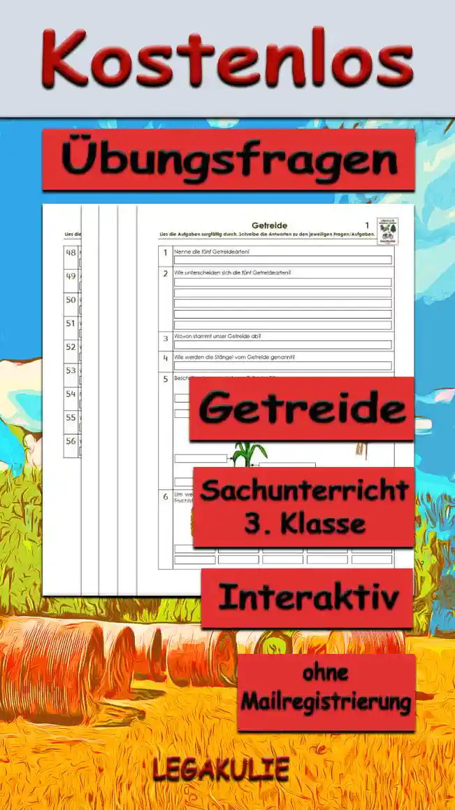 Arbeitsblatt Übungsfragen Getreide - Kostenloses Unterrichtsmaterial von Legakulie.info.