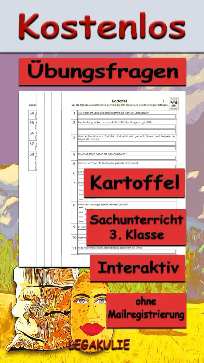 Arbeitsblatt Übungsfragen Kartoffel - Kostenloses Unterrichtsmaterial von Legakulie.info.