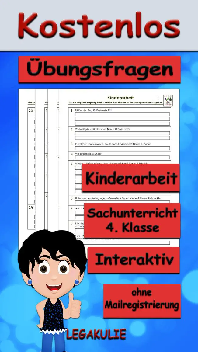 Arbeitsblatt Übungsfragen Kinderarbeit - Kostenloses Unterrichtsmaterial von Legakulie.info.