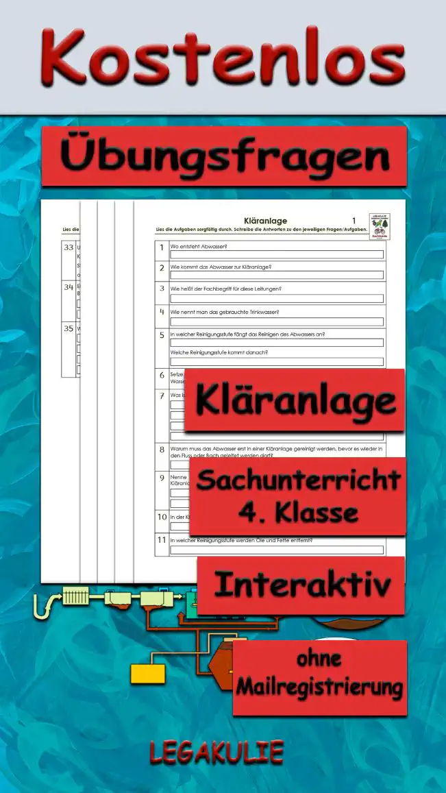 Arbeitsblatt Übungsfragen Kläranlage - Kostenloses Unterrichtsmaterial von Legakulie.info.