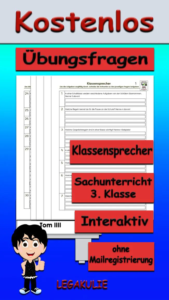 Arbeitsblatt Übungsfragen Klassensprecher - Kostenloses Unterrichtsmaterial von Legakulie.info.