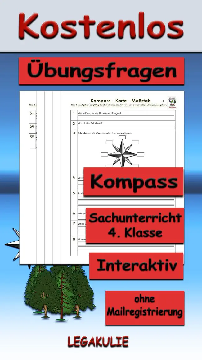 Arbeitsblatt Übungsfragen Kompass Karte - Kostenloses Unterrichtsmaterial von Legakulie.info.