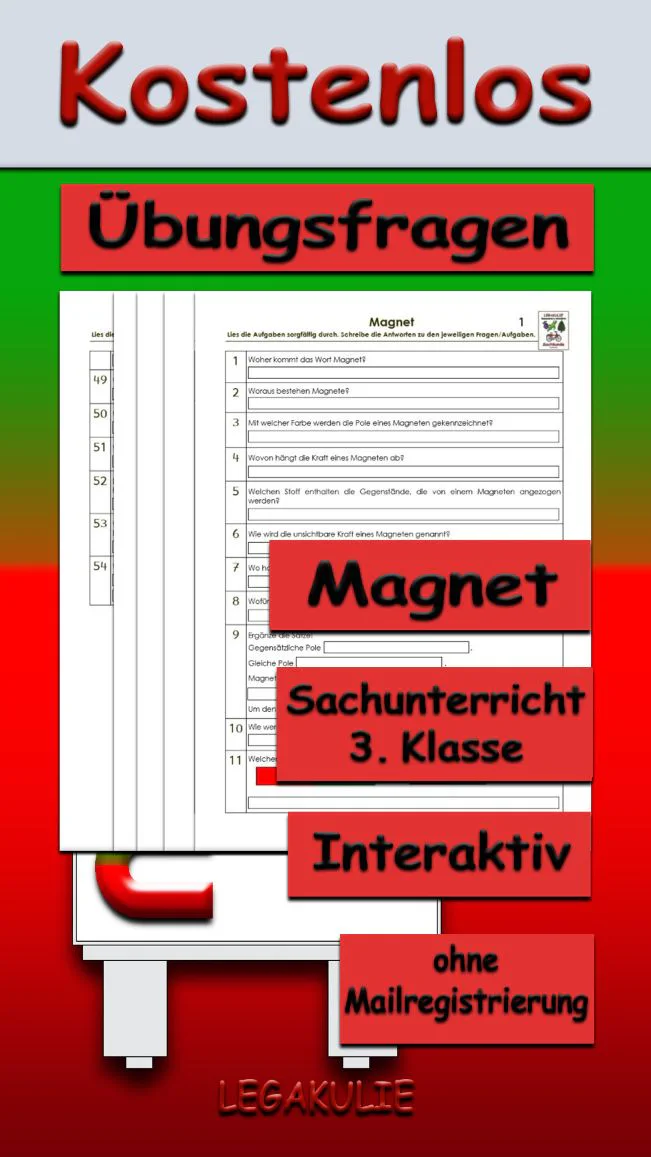 Arbeitsblatt Übungsfragen Magnet - Kostenloses Unterrichtsmaterial von Legakulie.info.