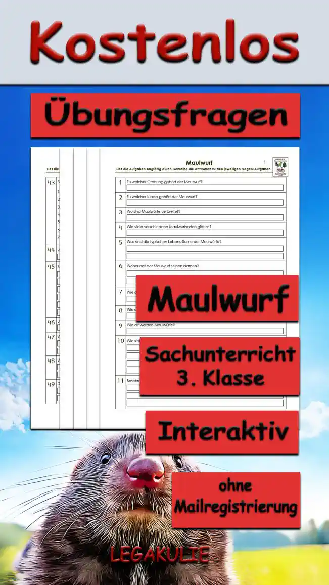 Arbeitsblatt Übungsfragen Maulwurf - Kostenloses Unterrichtsmaterial von Legakulie.info.