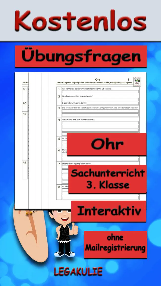Arbeitsblatt Übungsfragen Ohr - Kostenloses Unterrichtsmaterial von Legakulie.info.