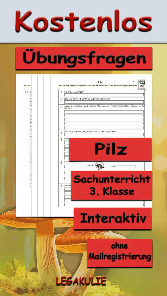Arbeitsblatt Übungsfragen Pilz - Kostenloses Unterrichtsmaterial von Legakulie.info.