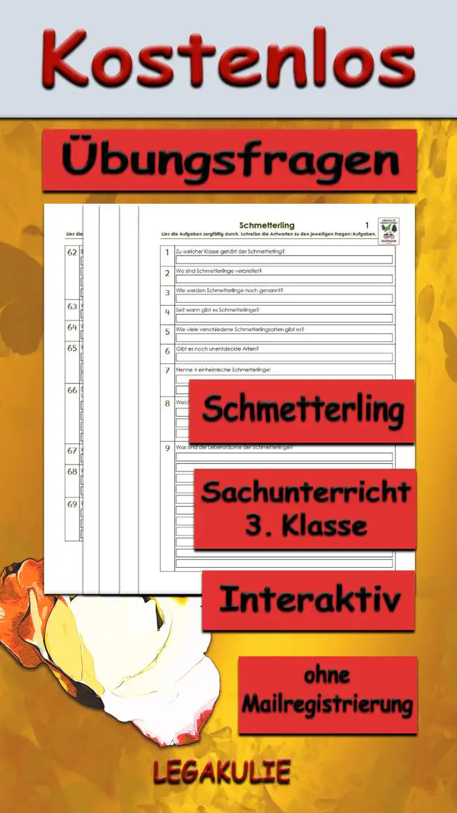 Arbeitsblatt Übungsfragen Schmetterling - Kostenloses Unterrichtsmaterial von Legakulie.info.