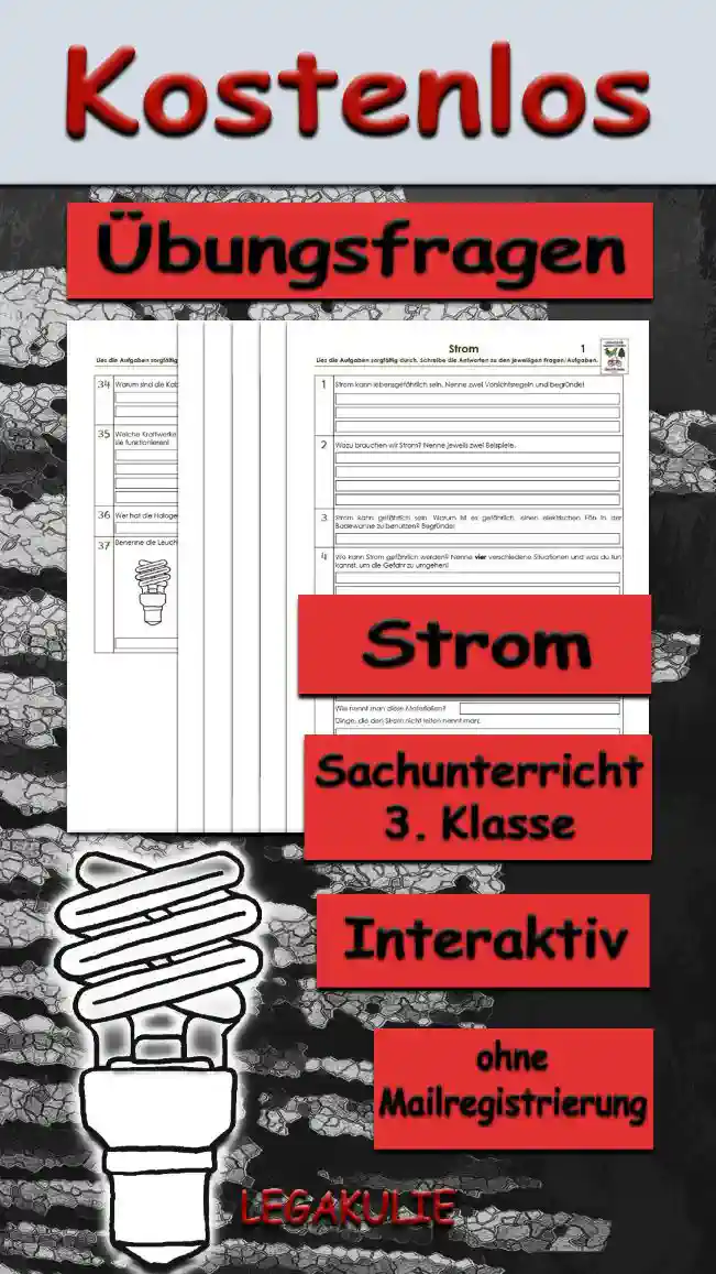 Arbeitsblatt Übungsfragen Strom - Kostenloses Unterrichtsmaterial von Legakulie.info.