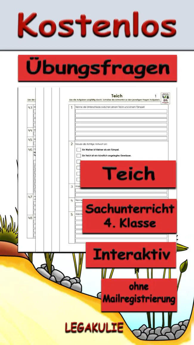Arbeitsblatt Übungsfragen Teich - Kostenloses Unterrichtsmaterial von Legakulie.info.