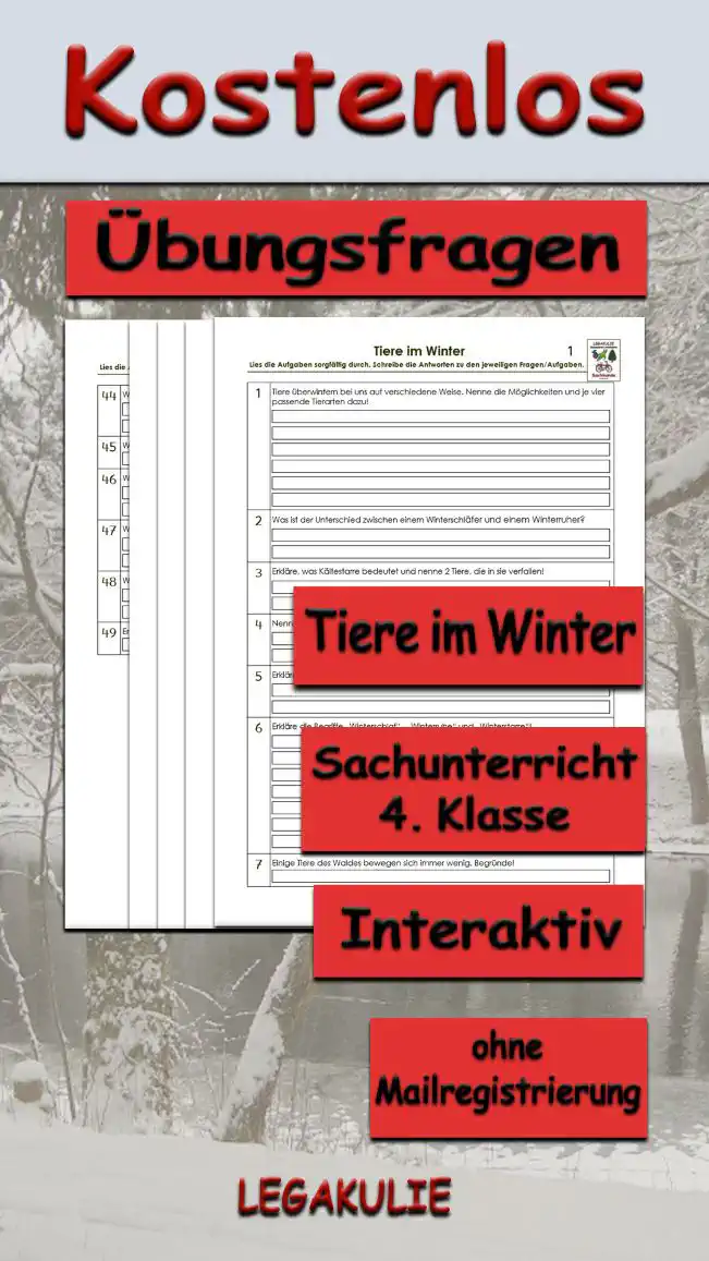 Arbeitsblatt Übungsfragen Tiere im Winter - Kostenloses Unterrichtsmaterial von Legakulie.info.