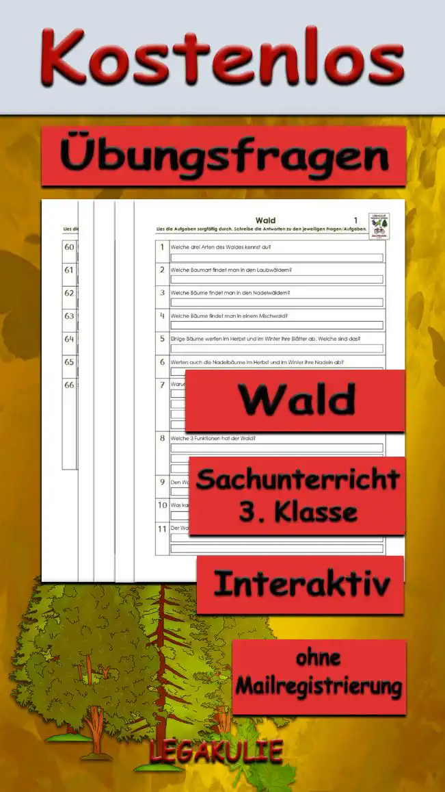 Arbeitsblatt Übungsfragen Wald - Kostenloses Unterrichtsmaterial von Legakulie.info.