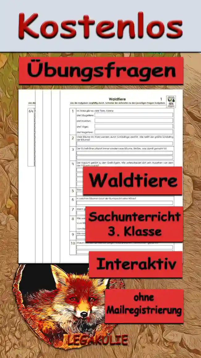 Arbeitsblatt Übungsfragen Waldtiere - Kostenloses Unterrichtsmaterial von Legakulie.info.