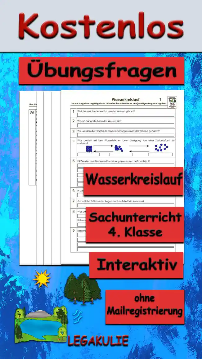 Arbeitsblatt Übungsfragen Wasserkreislauf - Kostenloses Unterrichtsmaterial von Legakulie.info.