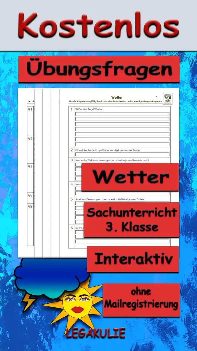 Arbeitsblatt Übungsfragen Wetter - Kostenloses Unterrichtsmaterial von Legakulie.info.