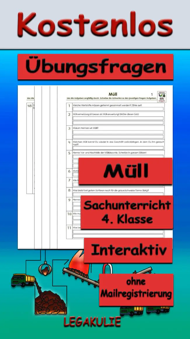 Arbeitsblatt Übungsfragen Müll - Kostenloses Unterrichtsmaterial von Legakulie.info.